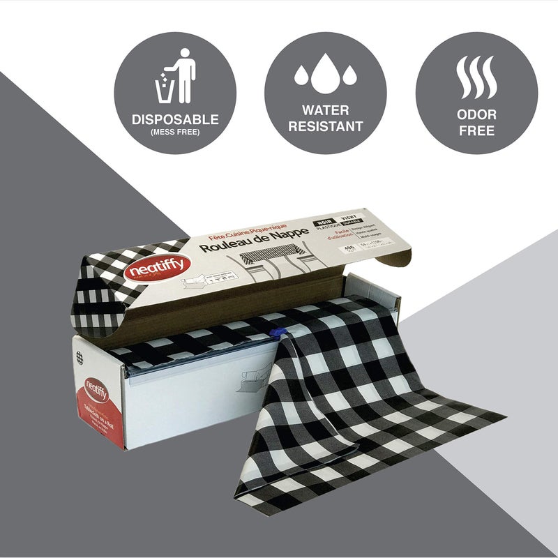 Neatiffy Disposable Plastic Table Cloth Roll | 54 in x 108 Ft Waterproof Tablecloth | Table Cover for Rectangle, Square, Round Oval Tables | Picnic, Party, Banquet, Birthdays, Weddings, BlackCheckered - Image 5